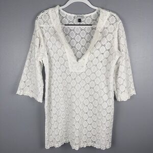 J. Valdi Swim Cover Up Women's Small White Eyelet Lace Crochet Look V-Neck